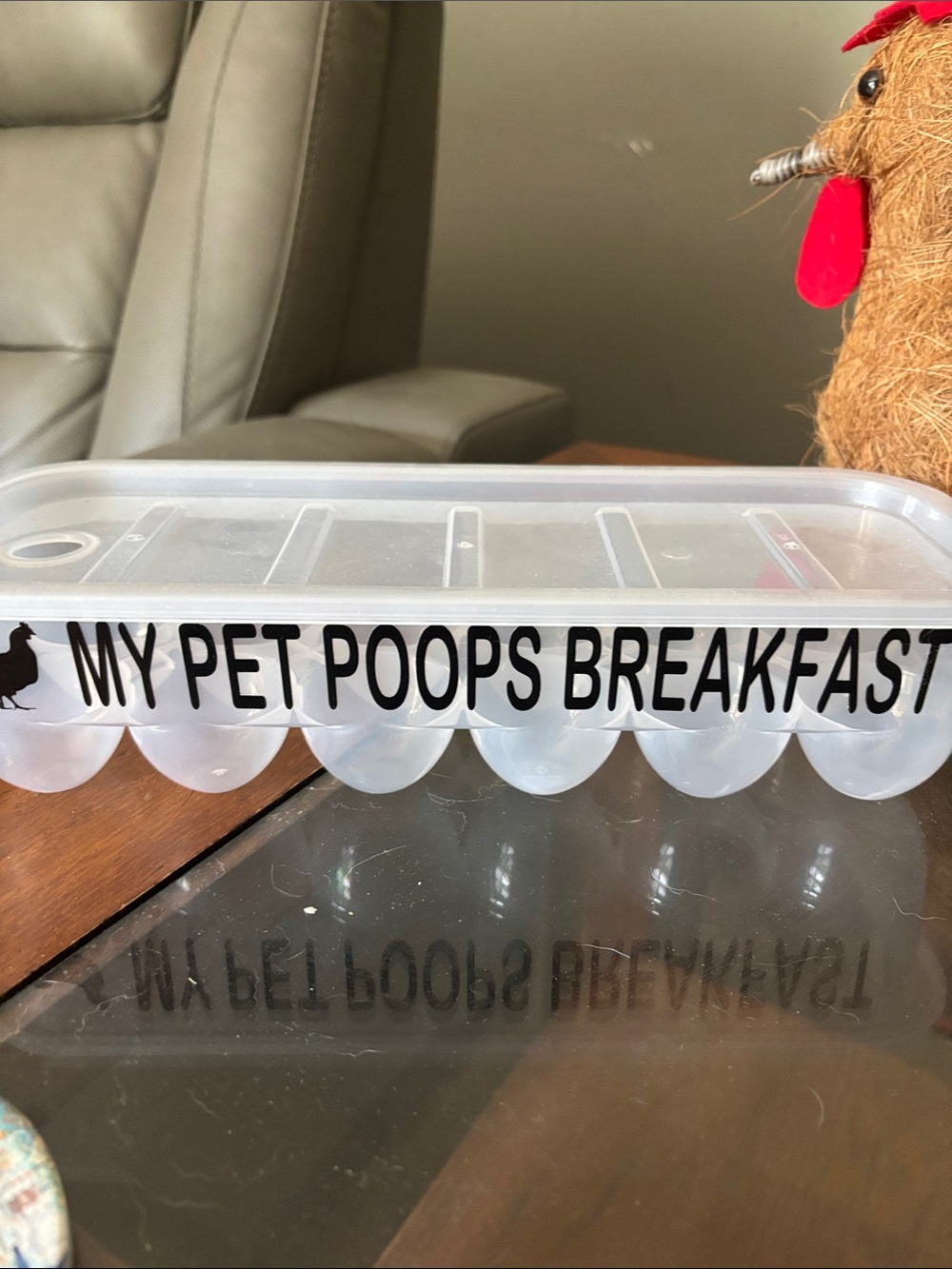 Clear Plastic Egg Tray with Playful "My Pet Poops Breakfast" Text - White/Clear